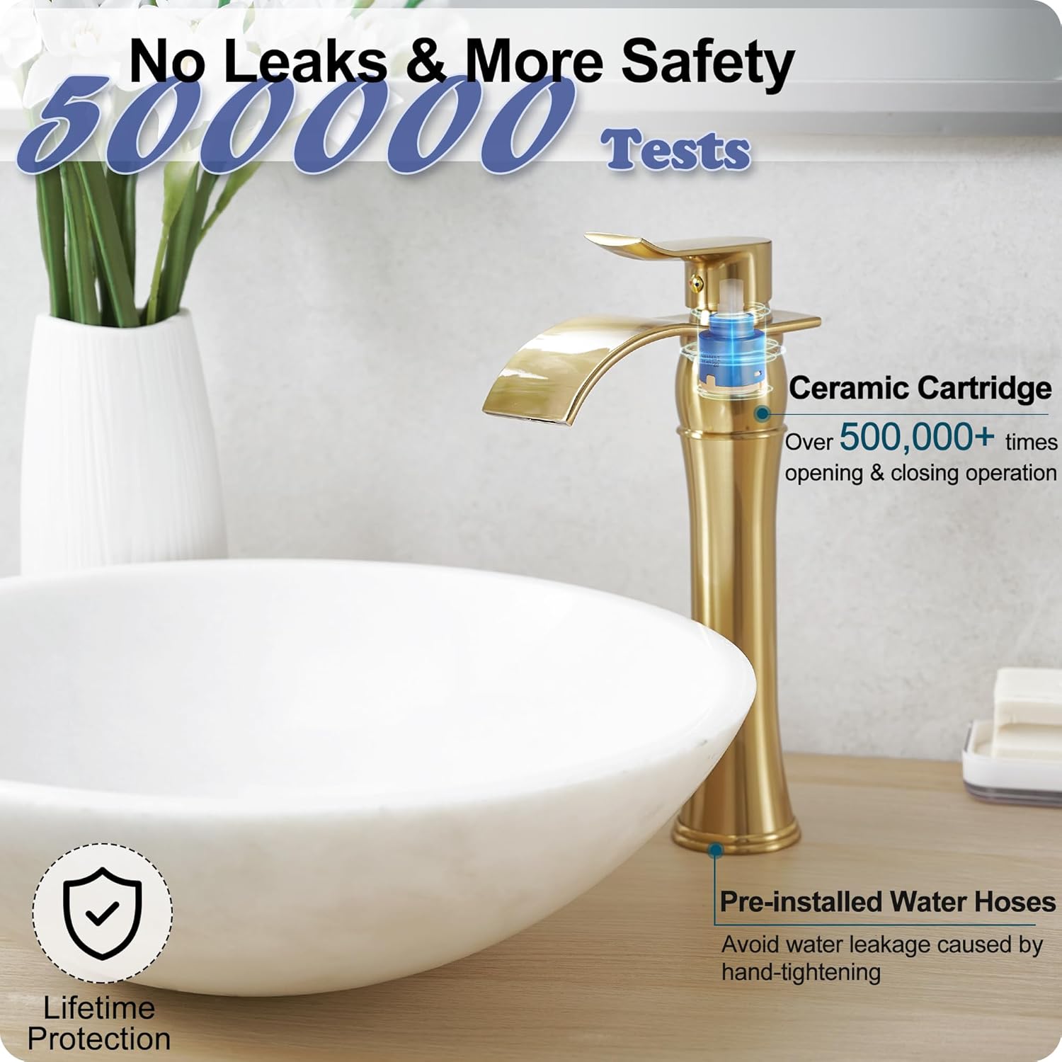 Gold Vessel Sink Faucet, Brass Tall Bathroom Faucets, Single Handle Bathroom Faucet 1 Hole, Waterfall Faucet for Bathroom Sink Mixer Bowl Tap for Hotel Classic with Pop Up Drain Deck Mounted