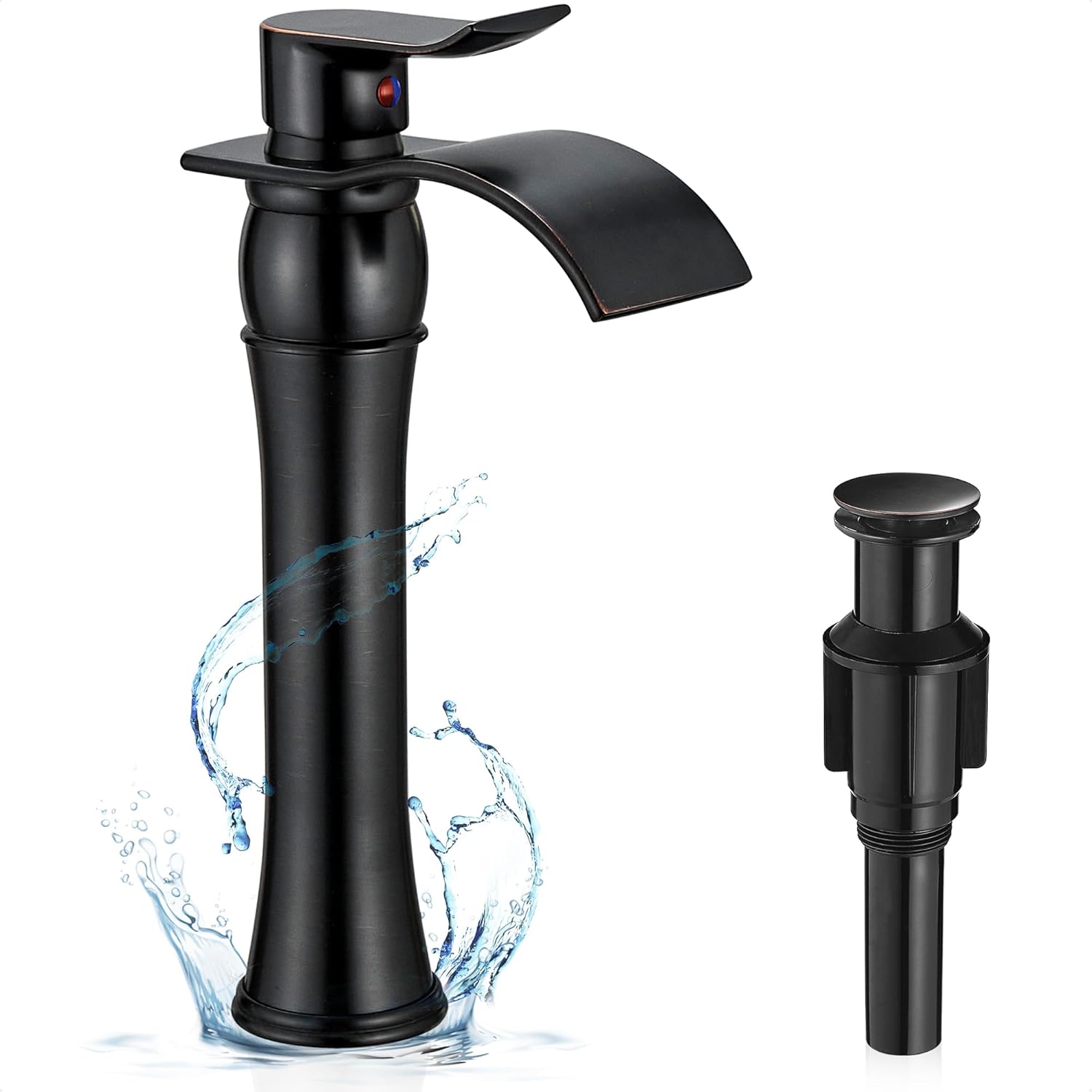 Vessel Sink Faucet Oil Rubbed Bronze, Brass Tall Bathroom Faucet Waterfall 1 Hole, Bathroom Faucets Single Handle Bathroom Sink Faucet Bronze with Pop-Up Drain & Water Hoses for Farmhouse