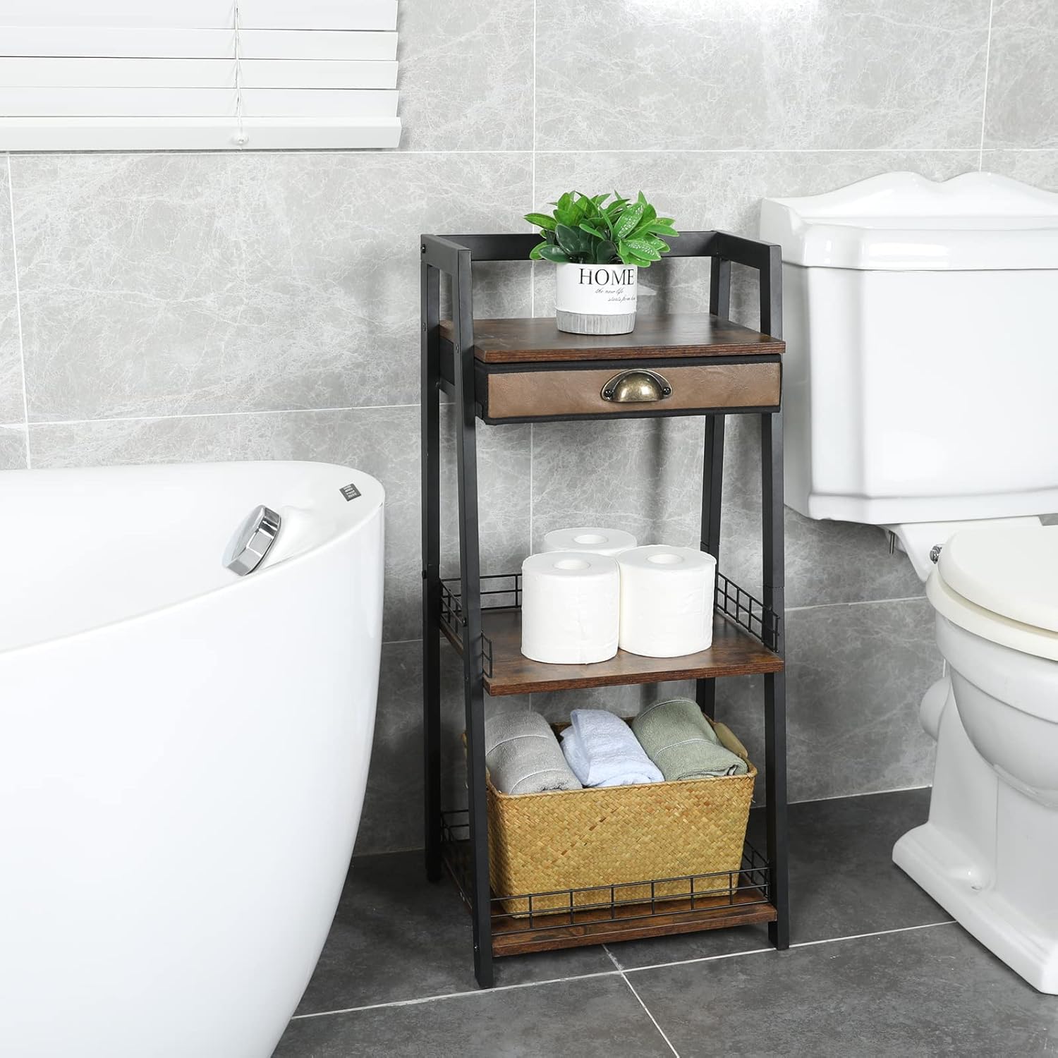 3-Tier Bathroom Ladder Shelf, Bathroom Floor Storage Shelf with Drawer, Freestanding Tower Shelf