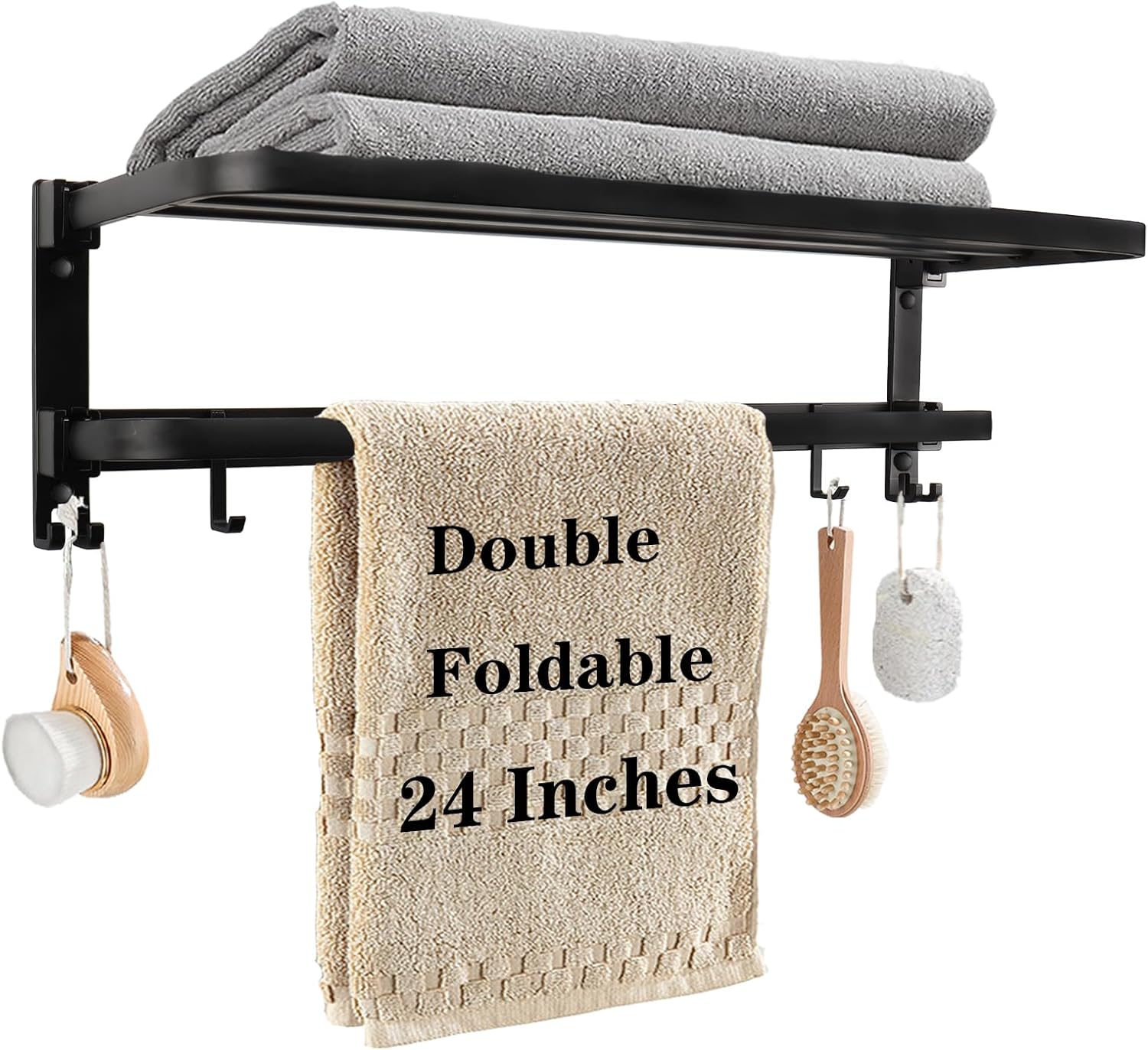 Towel Racks for Bathroom, Foldable Towel Shelf with Towel Bar & 7 Towel Hooks, Rustproof Double Bath Towel Holder Wall Mounted Towel Storage Hanger