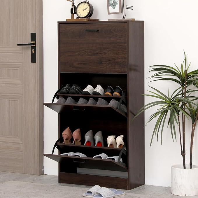 Shoe Cabinet with 3 Flip Drawers, Walnut Brown Freestanding Storage Racks
