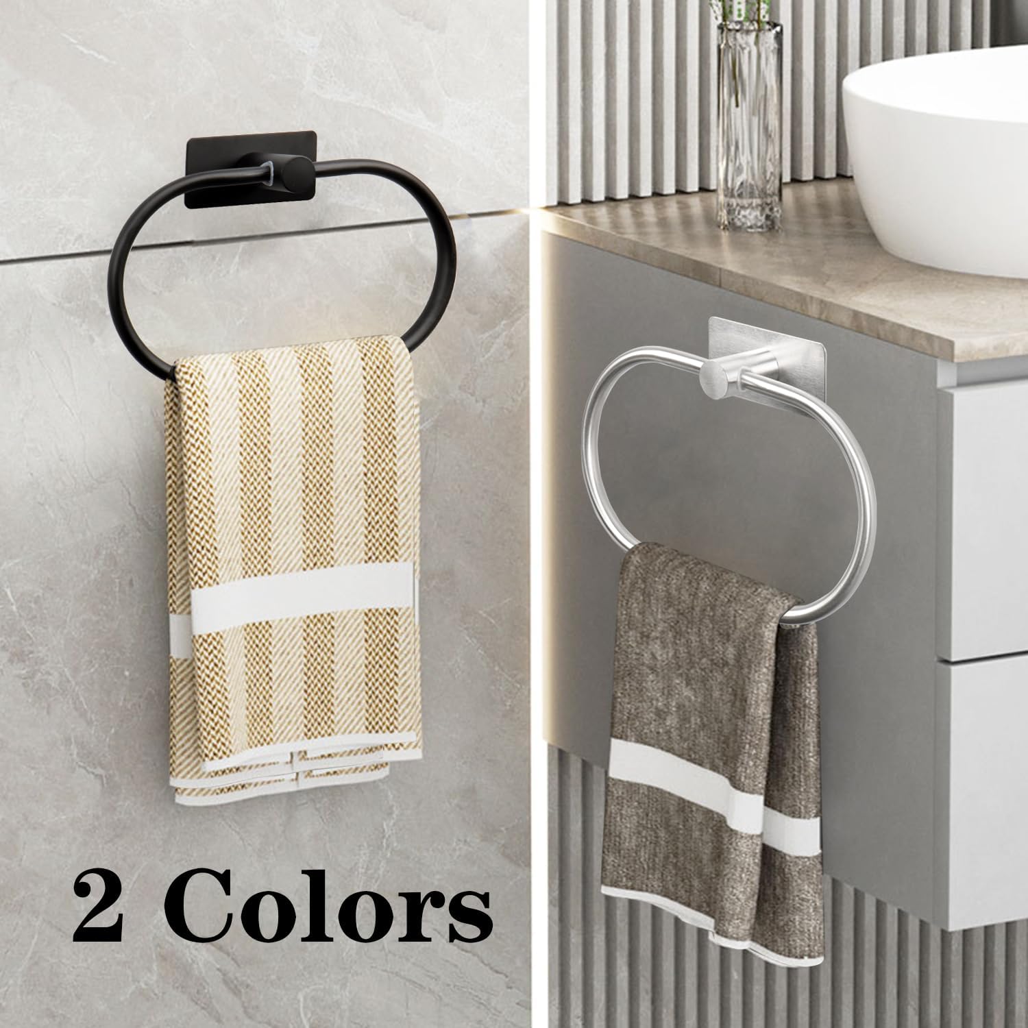 Oval Towel Ring, Strong Self Adhesive Hand Towel Holder, Thicken SUS304 Stainless Steel Stick Hand Towel Rack, No Drilling Wall Modern Hand Towel Hanger for Bathroom Kitchen(Matte Black)