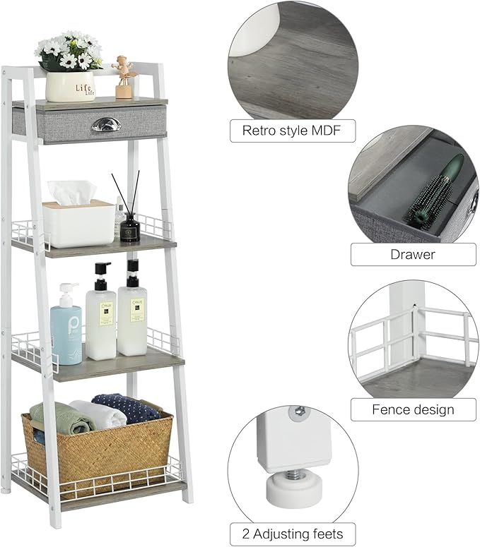 4-Tier Elegant Ladder Shelf, Bathroom Storage Shelf, Ladder Bookshelf with Drawer