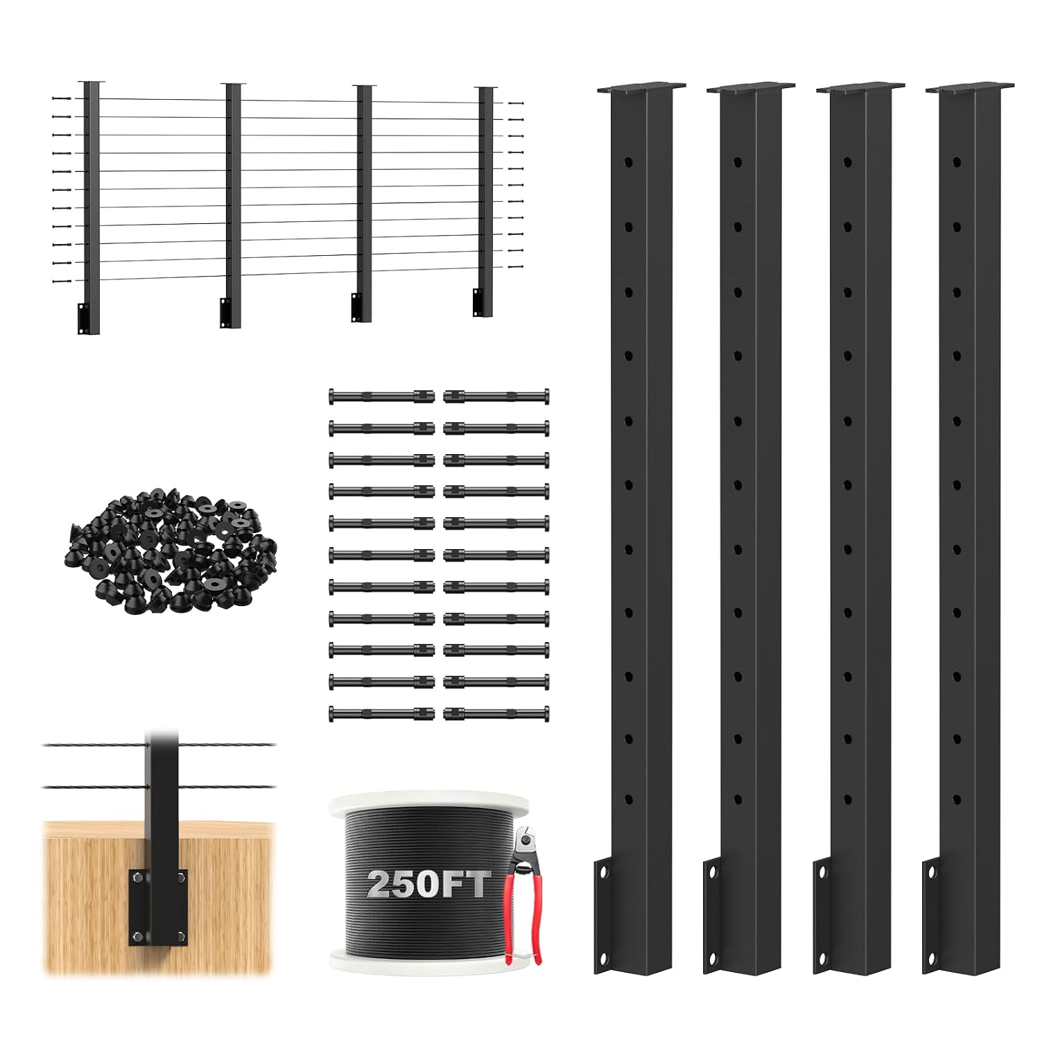 12FT-20FT 36" Black Side Mount Cable Railing Kits, Swageless