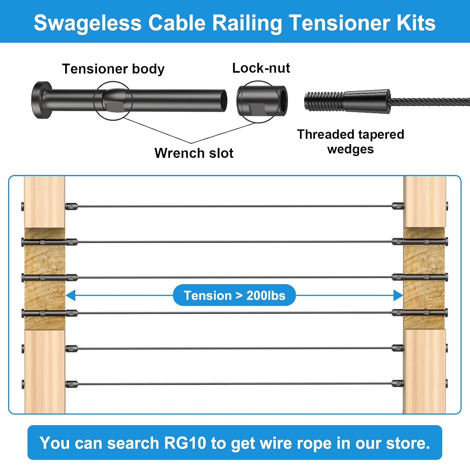 4-12FT Complete Stair Cable Railing Bundle: 20-Pack Swageless Cable Railing Tensioners
