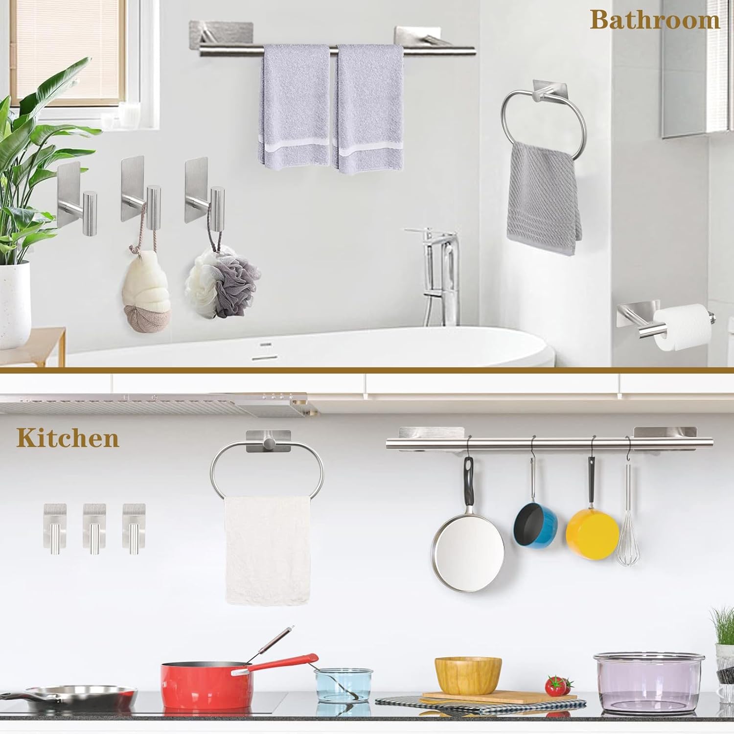 6 PCS Self Adhesive Bathroom Hardware Set, Stainless Steel Towel Rack Set - 16In Bath Towel Bar+Toilet Paper Holder+3 Towel Hooks+Towel Ring No Drill Bathroom Accessory Kit(Brushed Nickel)