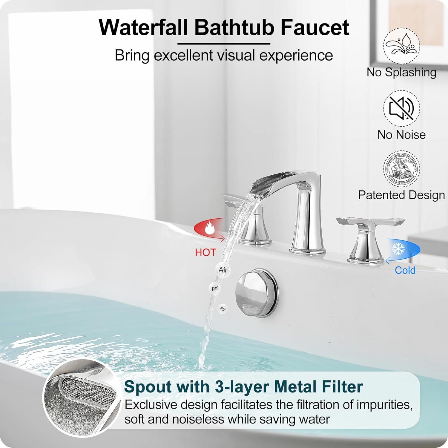 High Flow Waterfall Bathtub Faucet Set, Brass Chrome Roman Tub Faucet, Widespread Bath Tub Faucet Set 3 Hole 8 Inch Deck Mount Bathtub Faucets for Garden Tub with Supply Water Hoses Lifetime Use