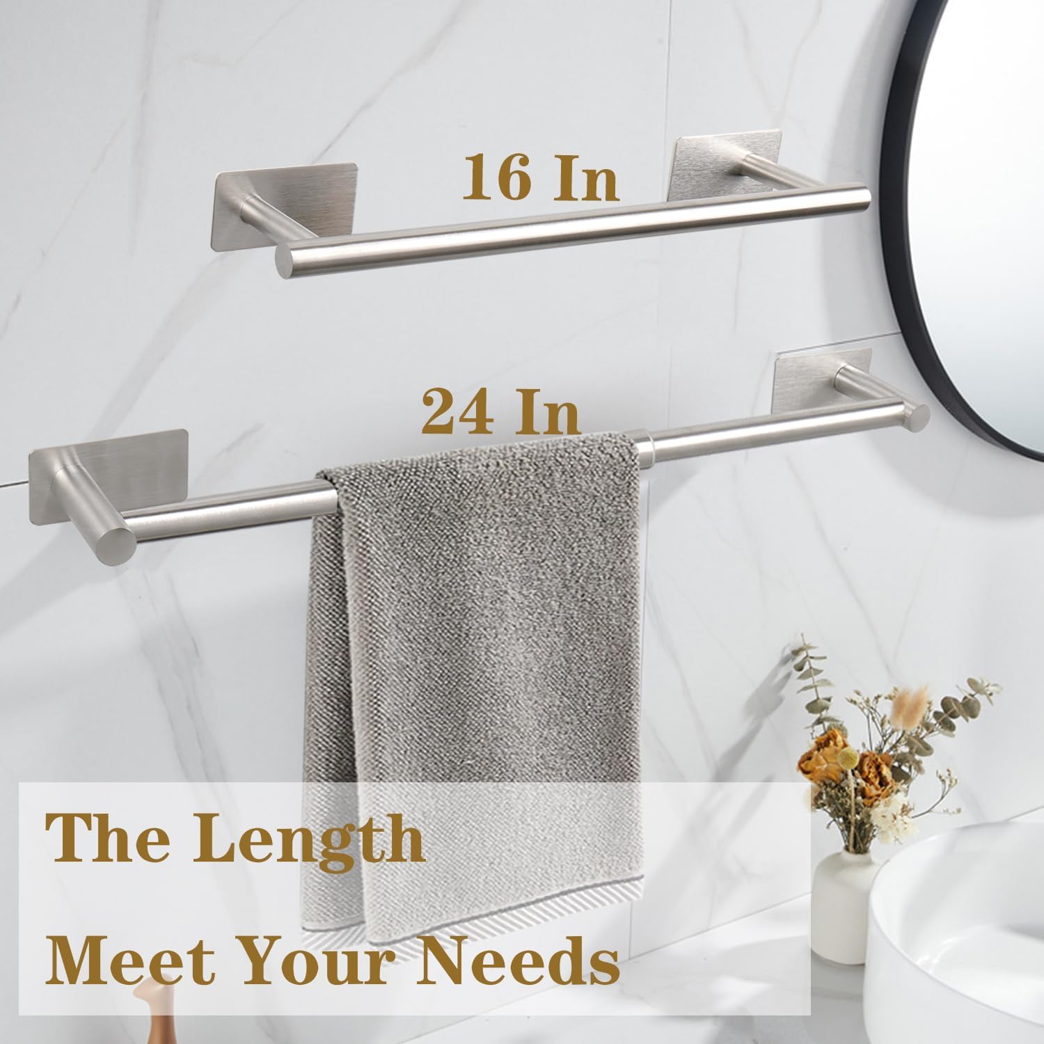 Self Adhesive Bath Towel Bar, Stainless Steel Towel Racks for Bathroom Adjustable 16-24In No Drill Towel Holder Stick on Wall Sturdy and Rustproof Towel Hanger for Bathroom(Brushed Nickel)