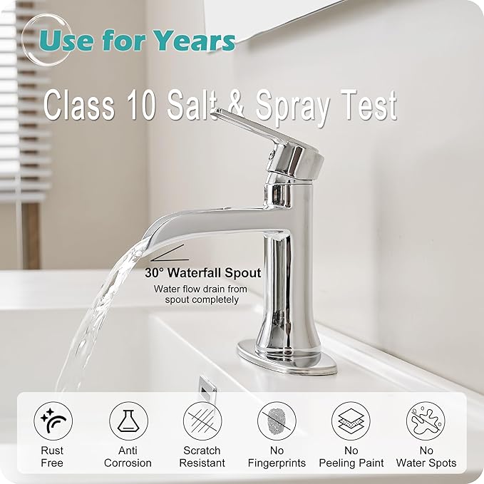 Waterfall Bathroom Sink Faucet Chrome, Brass 4 Inch Bathroom Faucet 3 Hole or 1 Hole, Single Handle Bathroom Faucets with Pop-up Drain & Deck Plate