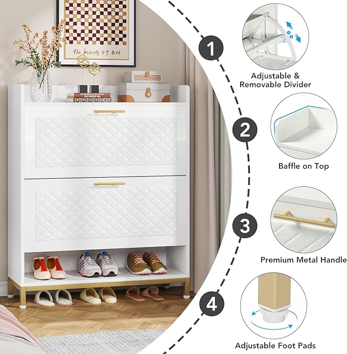 2 Flip Drawers Shoe Cabinet, Modern Freestanding Tipping Bucket Shoes Storage Organizer