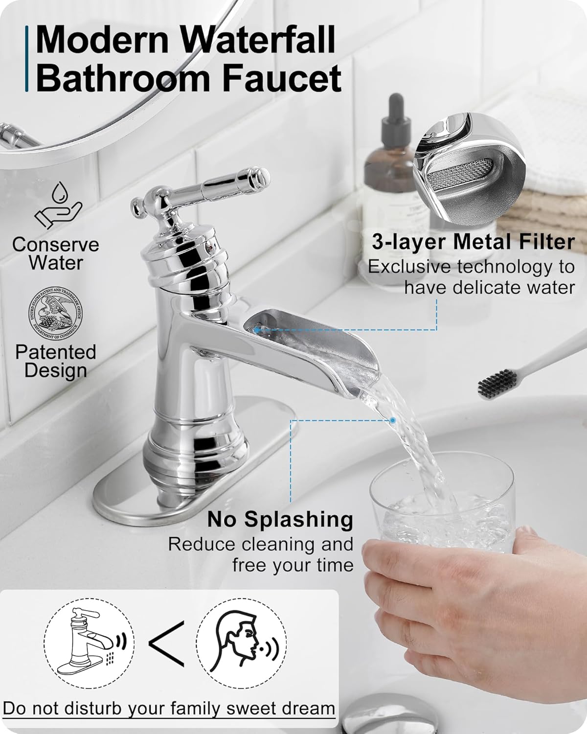 Bathroom Waterfall Faucet, Brass Chrome Bathroom Faucet, Bathroom Sink Faucet One Hole, 3 Hole (4 Inch) Bathroom Faucets Single Handle with Drain Deck Plate Supply Hoses for Lavatory Vanity