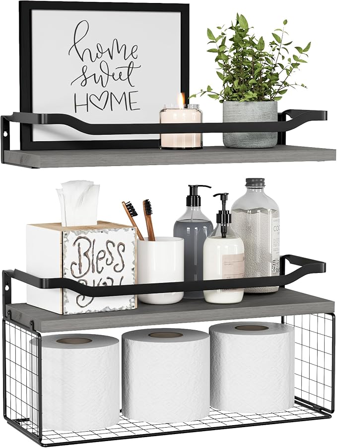 Floating Shelves with Wire Storage Basket, Bathroom Shelves Over Toilet with Protective Metal Guardrail