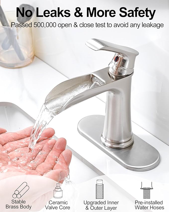 Waterfall Bathroom Faucet, Brass Brushed Nickel Bathroom Faucets, Single Handle Bathroom Sink Faucet, 4 Inch Vanity Faucet 1 Hole or 3 Holes with Drain Deck Plate & Supply Hoses for RV Lavatory