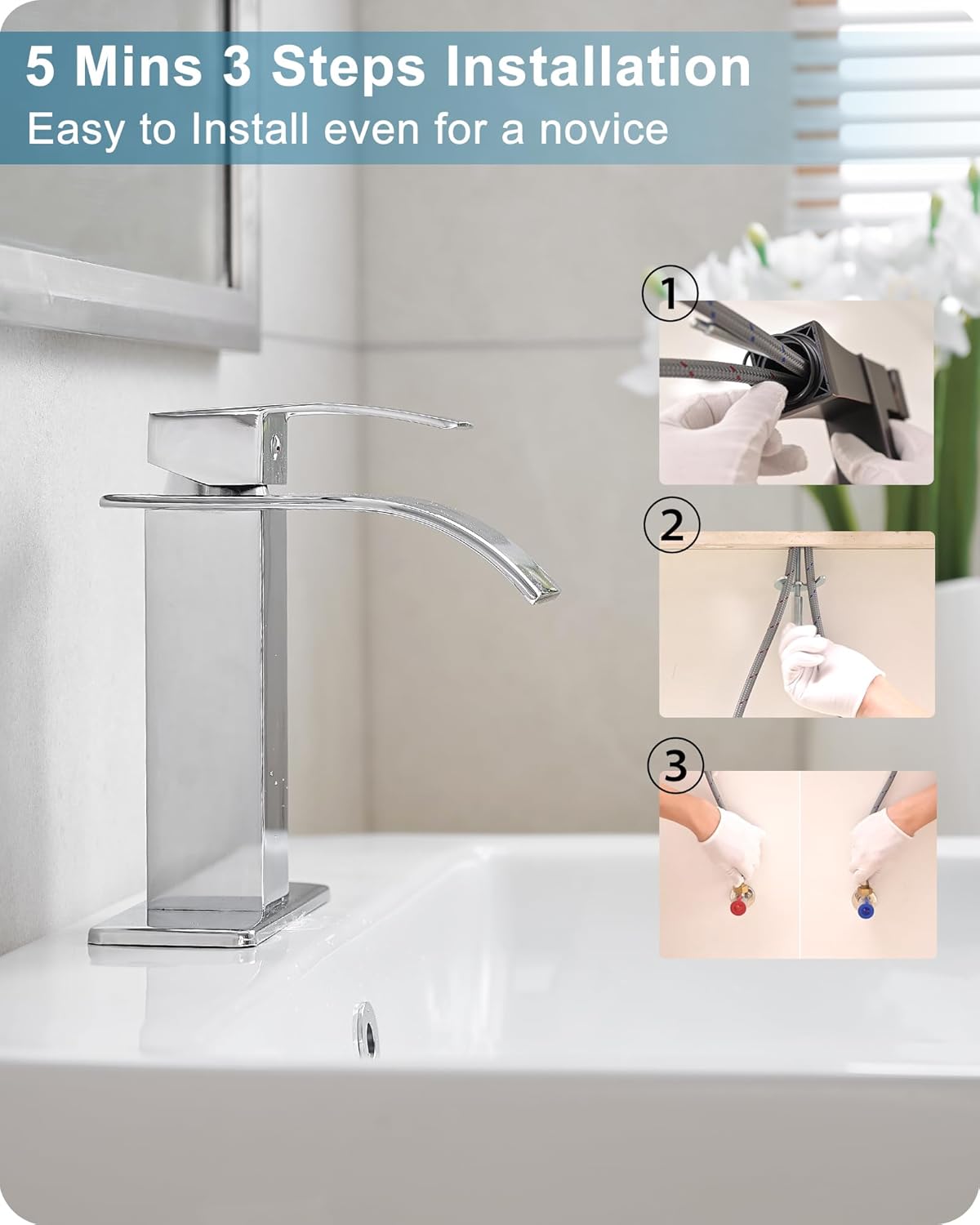 Bathroom Waterfall Faucet, Brass Chrome Bathroom Faucet Single Hole or 3 Hole (4 Inch) Bathroom Faucets Single Handle with Deck Plate & Pop-Up Drain Water Hoses for Apartment 5 Mins Installation