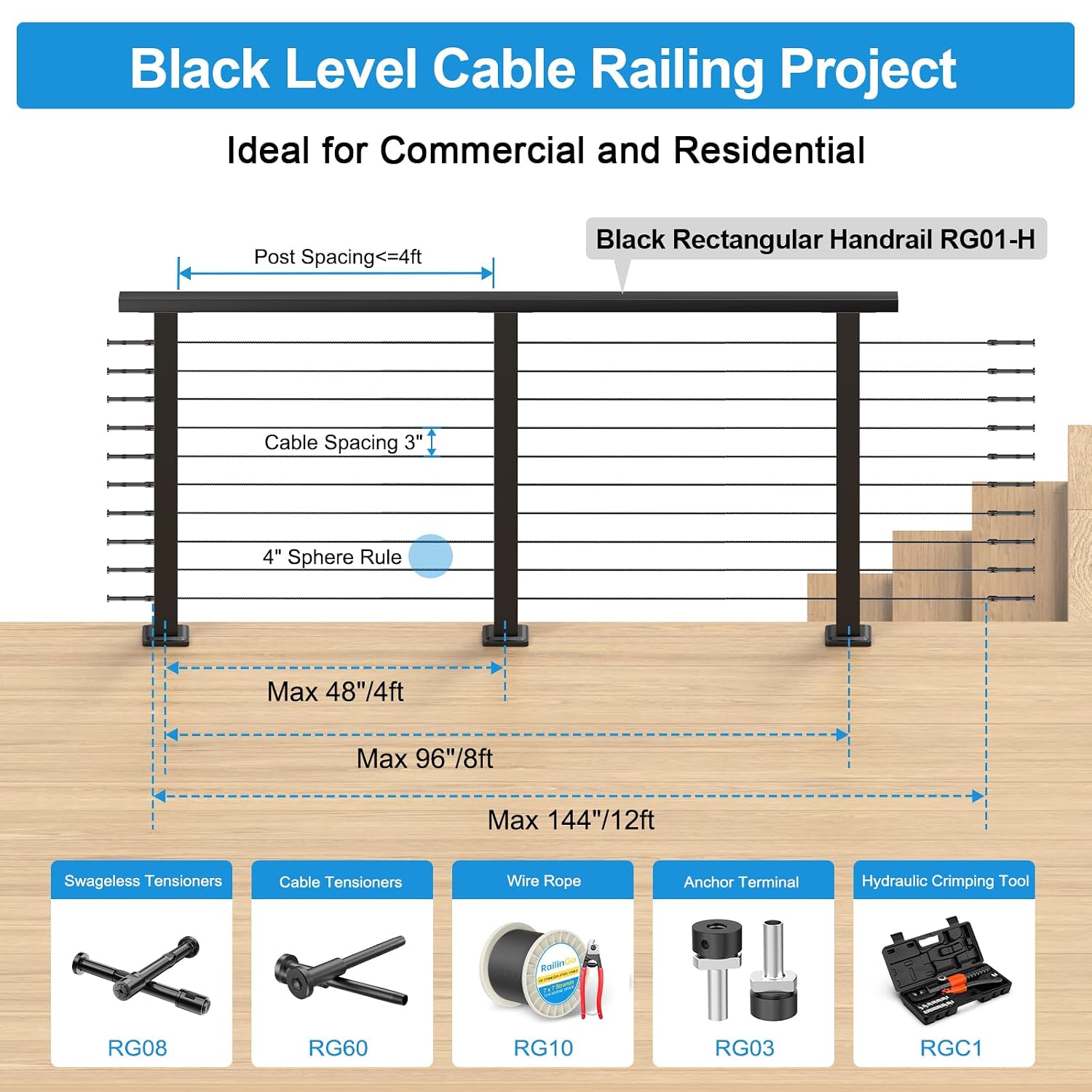 16FT-20FT Swageless Complete Set Black Cable Railing Post Kits