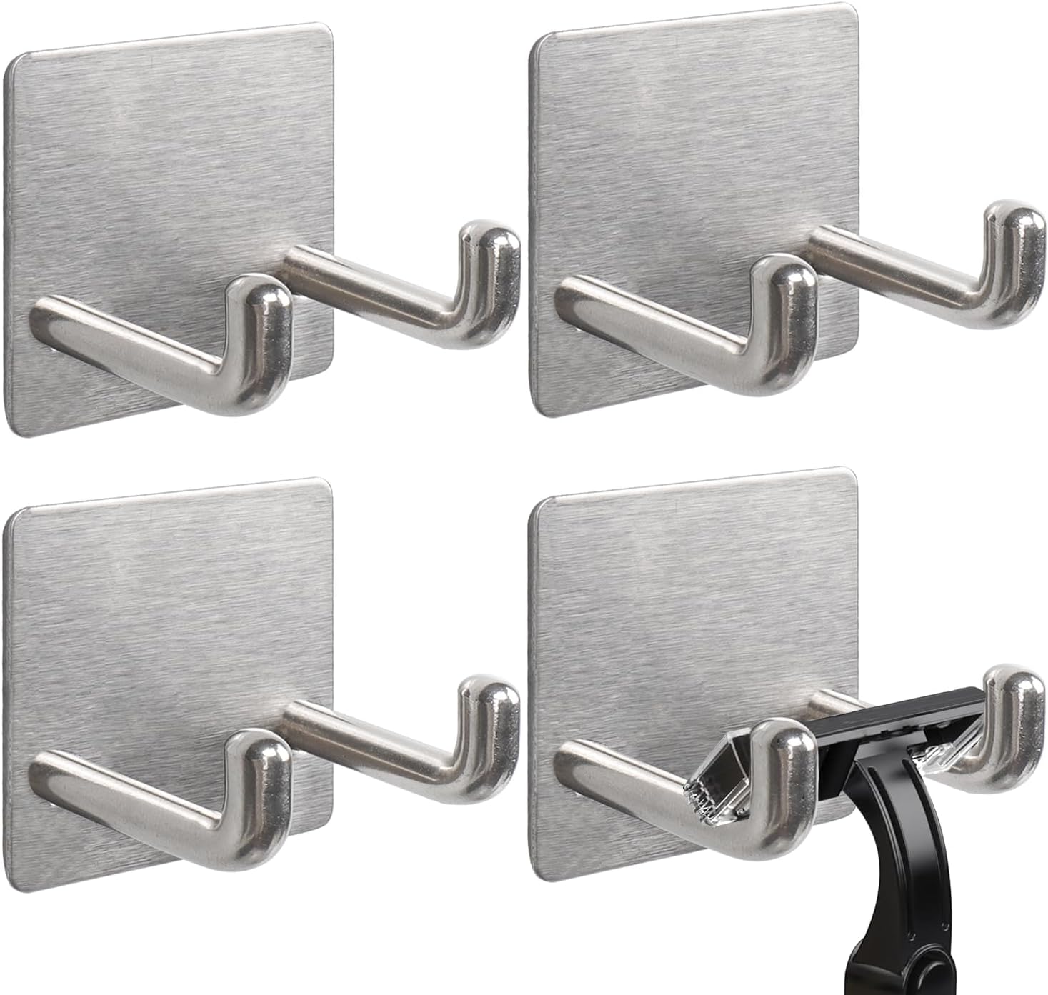 Razor Holder, Self Adhesive Towel Hooks for Bathroom, 4 Pack Stainless Steel Sticky Shower Razor Hook Waterproof Shaver Hanger Double Wall Hooks for Hanging Plug Loofah Robe(Brushed Nickel)