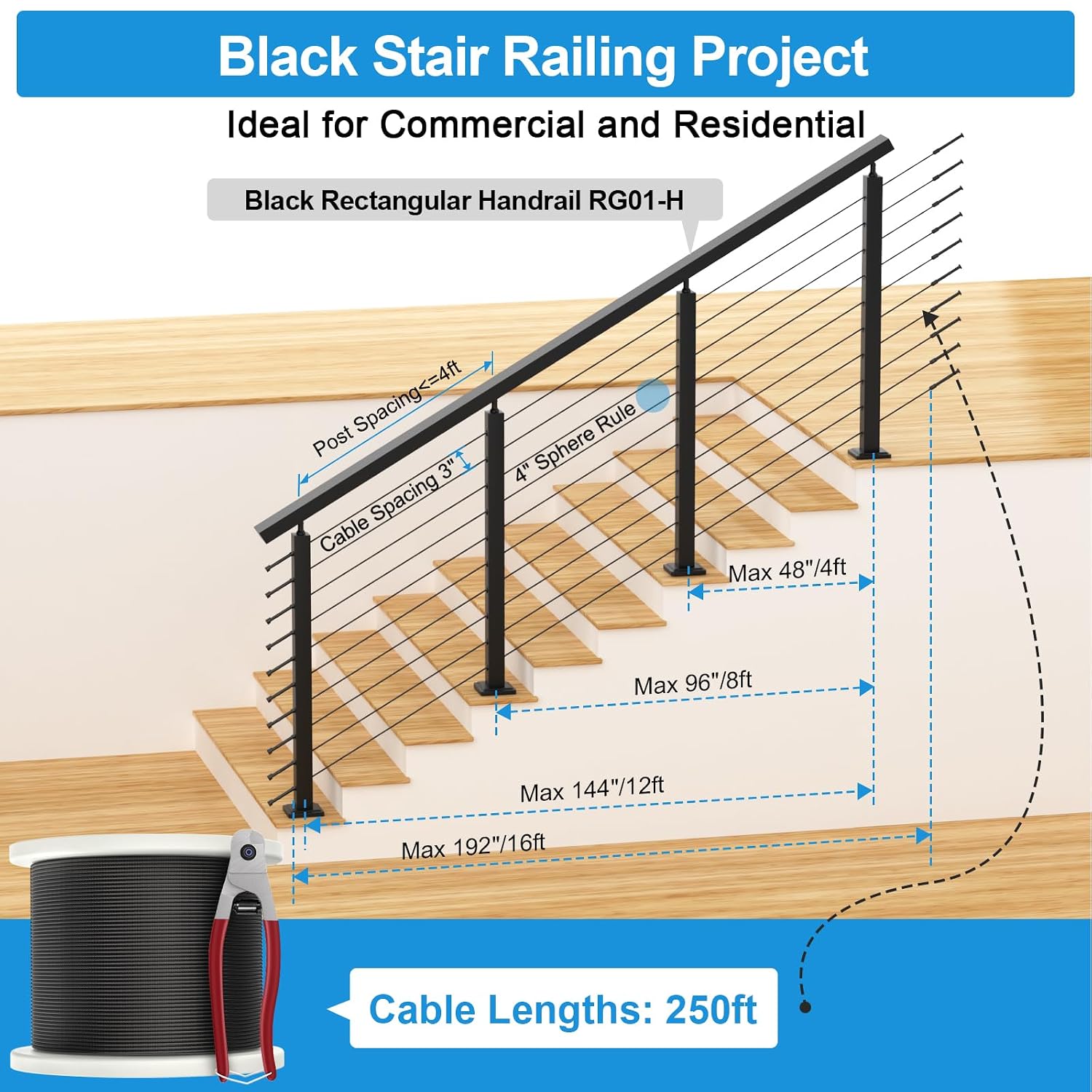 12-20FT Complete Stair Cable Railing System with Handrails, 36"