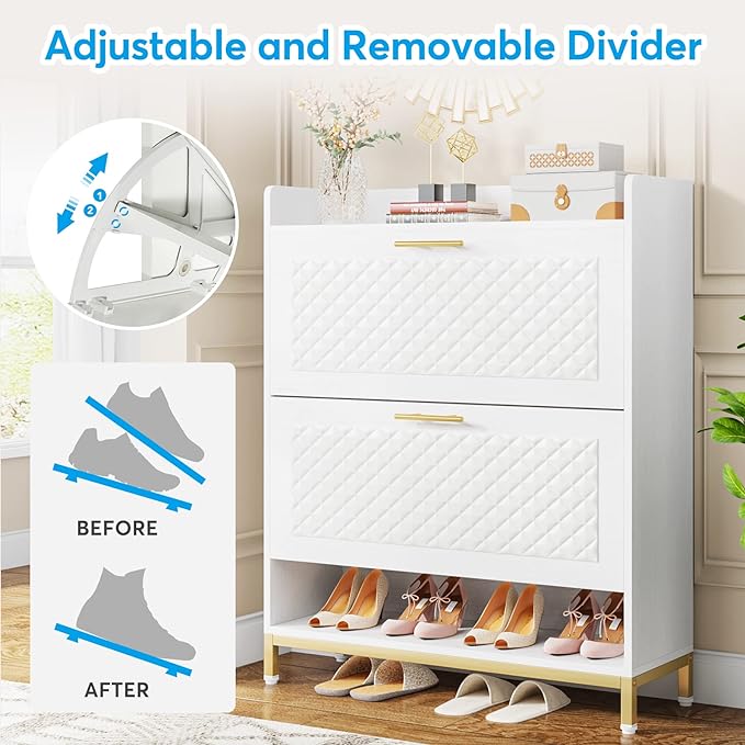 2 Flip Drawers Shoe Cabinet, Modern Freestanding Tipping Bucket Shoes Storage Organizer