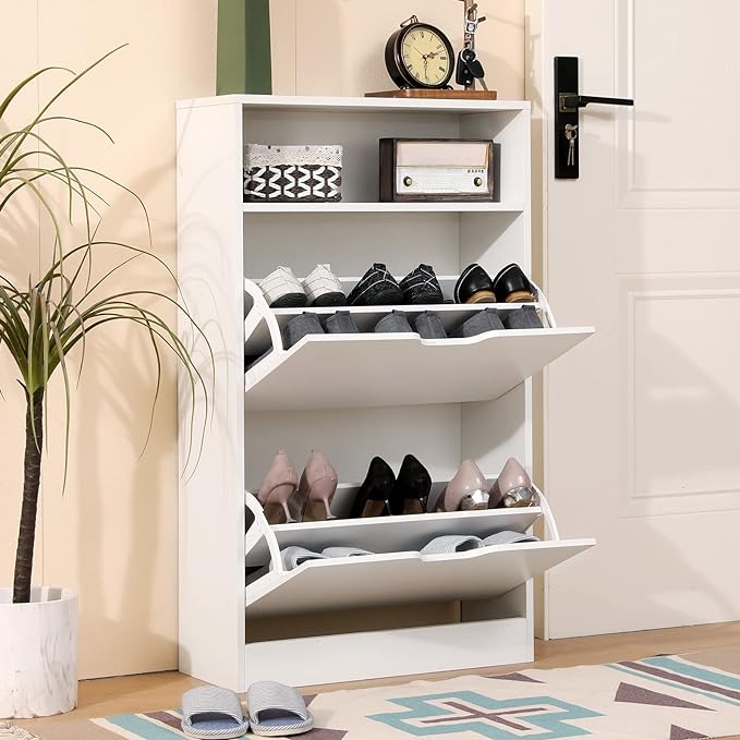 Shoe Cabinet with 2 Flip Drawers, White Freestanding Storage Rack