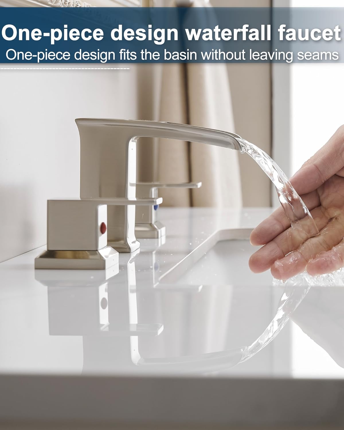 Bathroom Waterfall Faucet, Brass 4-16 Inch Brushed Nickel Faucet Bathroom Widespread 2 Handles Bathroom Sink Faucets 3 Hole with Hoses & Drain