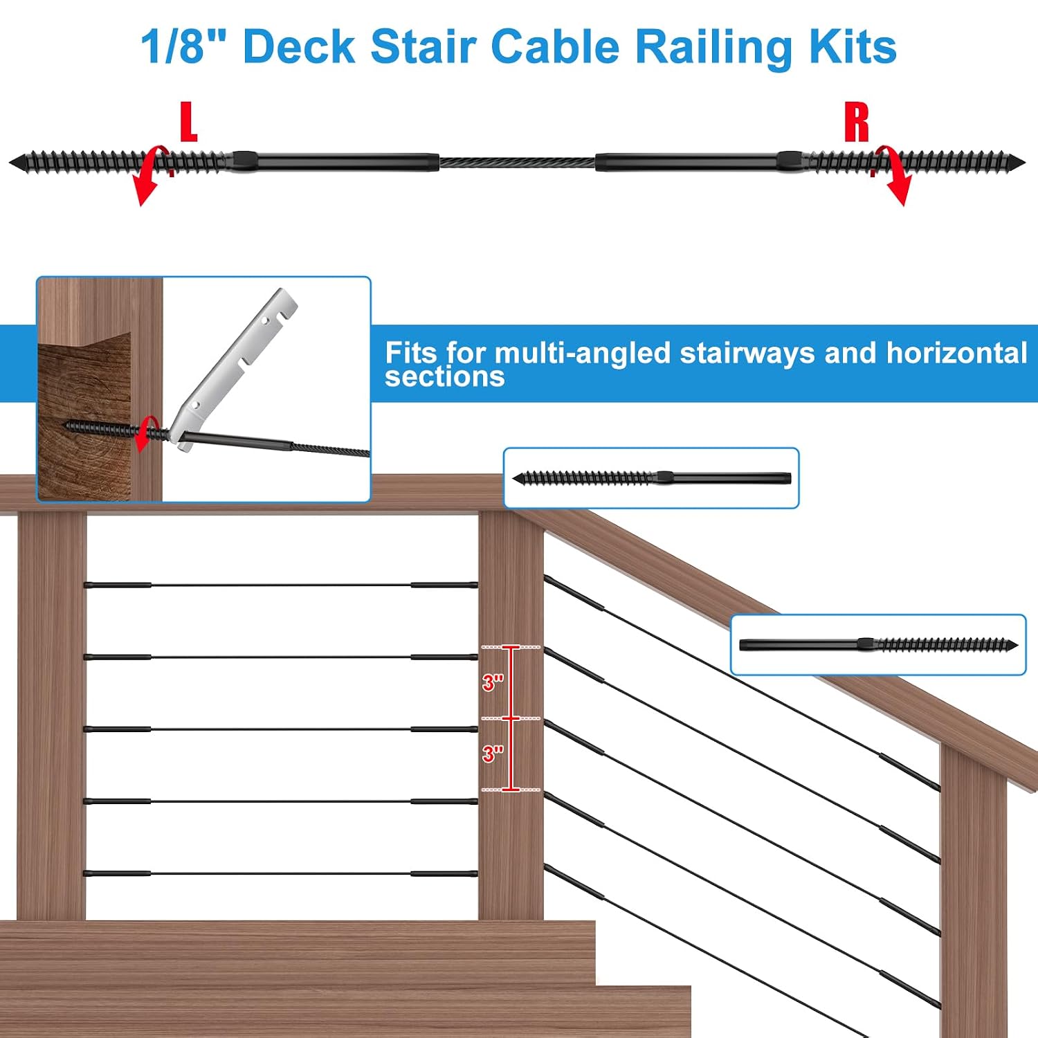 100Pack Black Cable Railing Kits Swage Lag Screws for Wood Posts