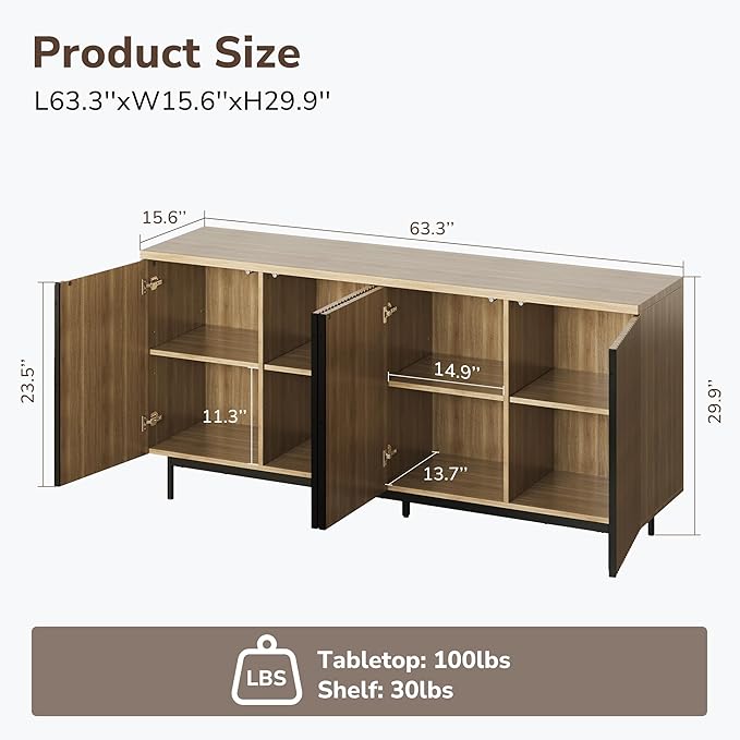 Sideboard Buffet Cabinet, 63" Storage Cabinet with Fluted Decorative Doors