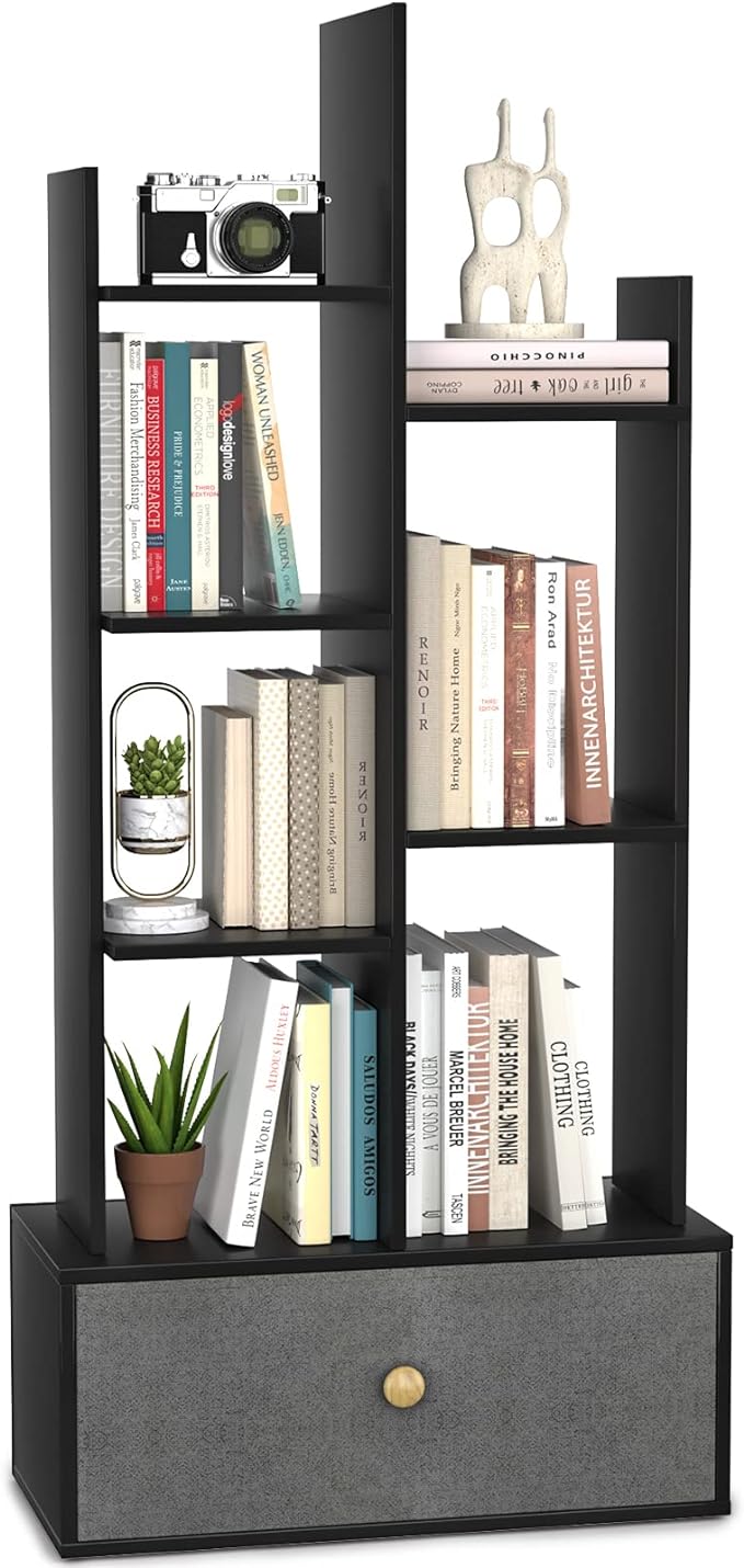 Industrial 7 Open Book Shelves, Display Wood Book Case for Bedroom