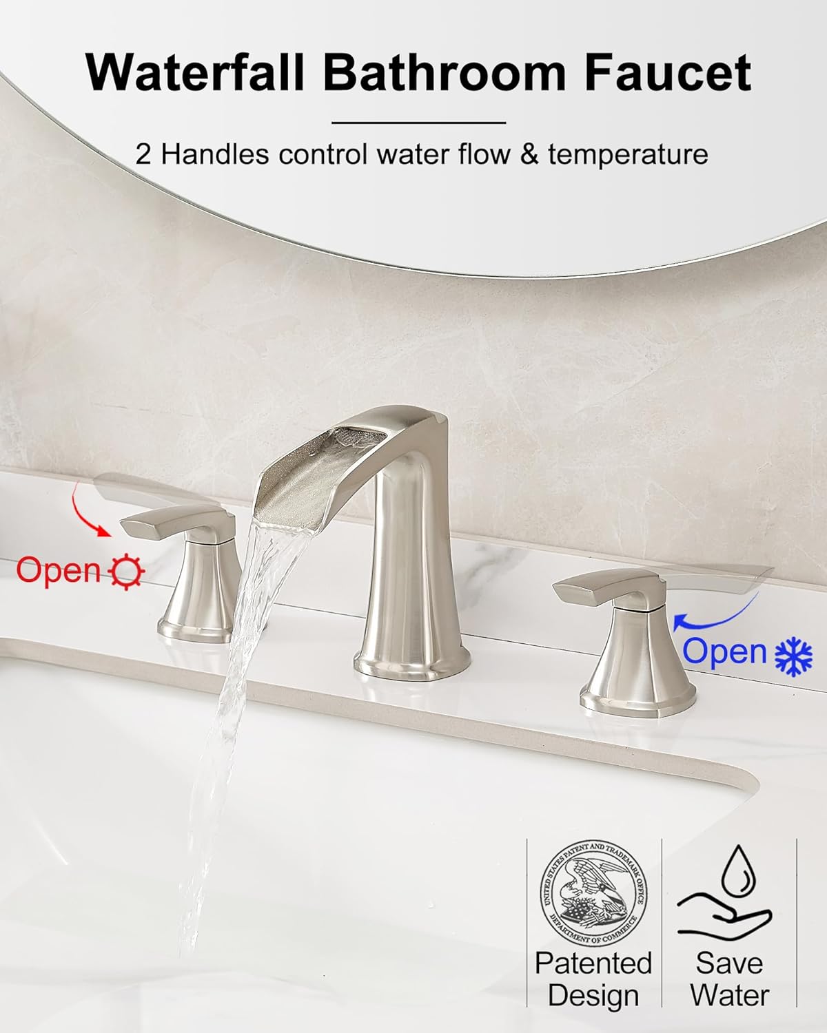 Brushed Nickel Bathroom Faucets, Brass Widespread Waterfall Faucet for Bathroom Sink, 3 Hole Bathroom Sink Faucet, 4-16 Inch 2 Handle Bathroom Vanity Faucets with Pop-up Drain for Lavatory RV