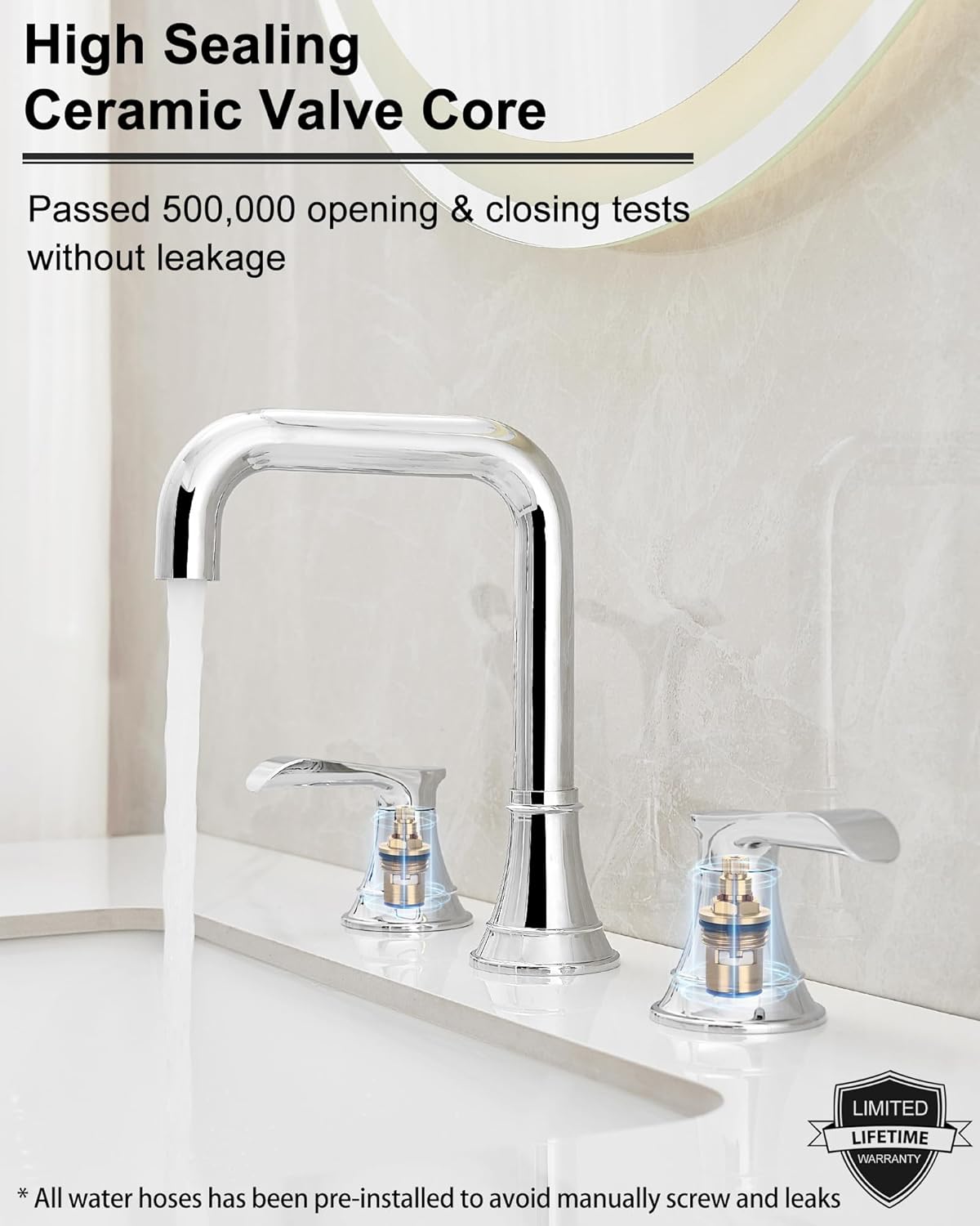 Chrome Bathroom Faucet Widespread, Sink Faucet Bathroom 3 Hole, 360 Degree Swivel Bathroom Sink Faucets 6-16 Inch, 2 Handles Bath Faucets for Sink with Water Supply Hose & Pop-Up Drain Lead-Free