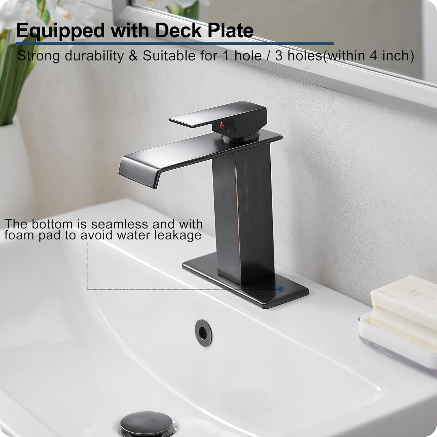 Oil Rubbed Bronze Bathroom Faucet Waterfall Faucet, Brass Single Handle Bathroom Sink Faucet 1 Hole or 3 Holes, 4 Inch Bathroom Faucets with Deck Plate & Pop-Up Drain for Farmhouse Quick Install