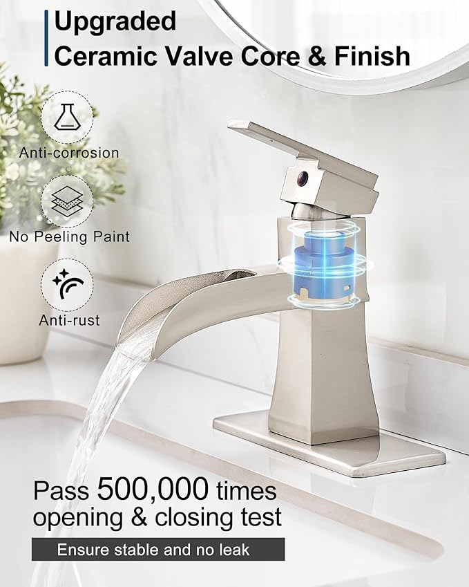 Waterfall Bathroom Sink Faucet, Brass Brushed Nickel Bathroom Faucet One Handle, 4 Inch Bathroom Faucets Single Hole with Pop-Up Drain Hoses & Deck Plate for Vanity Lavatory RV