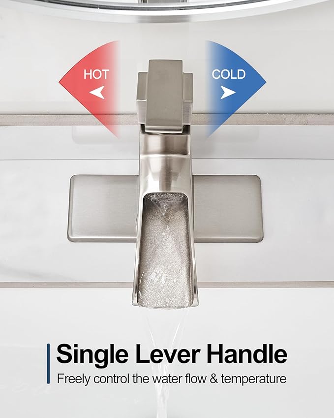 Waterfall Bathroom Sink Faucet, Brass Brushed Nickel Bathroom Faucet One Handle, 4 Inch Bathroom Faucets Single Hole with Pop-Up Drain Hoses & Deck Plate for Vanity Lavatory RV