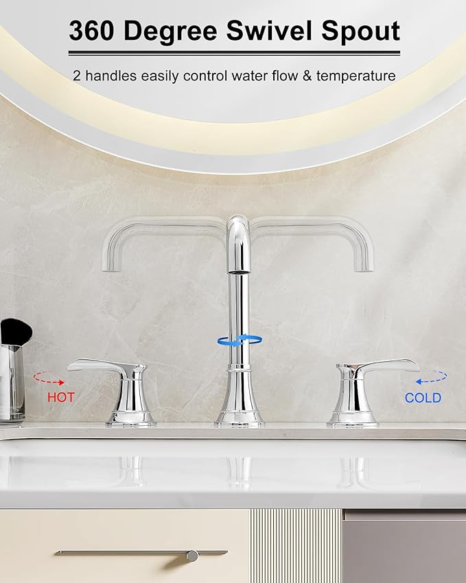 Chrome Bathroom Faucet Widespread, Sink Faucet Bathroom 3 Hole, 360 Degree Swivel Bathroom Sink Faucets 6-16 Inch, 2 Handles Bath Faucets for Sink with Water Supply Hose & Pop-Up Drain Lead-Free