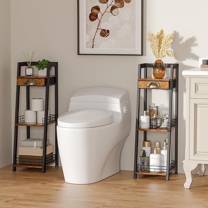 3-Tier Slim Bathroom Ladder Shelf, Bathroom Organizers and Storage with Drawer, Open Floor Standing Shelves