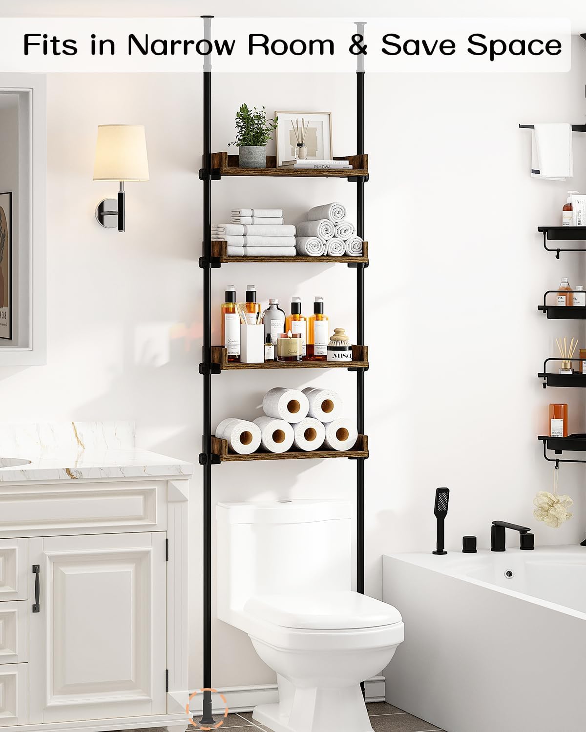Bathroom Organizer, Over The Toilet Storage, 4-Tier Adjustable Wood Shelves for Small Rooms, Saver Space Rack