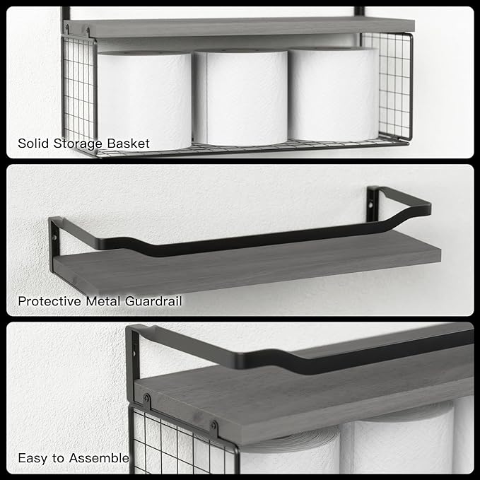Floating Shelves with Wire Storage Basket, Bathroom Shelves Over Toilet with Protective Metal Guardrail