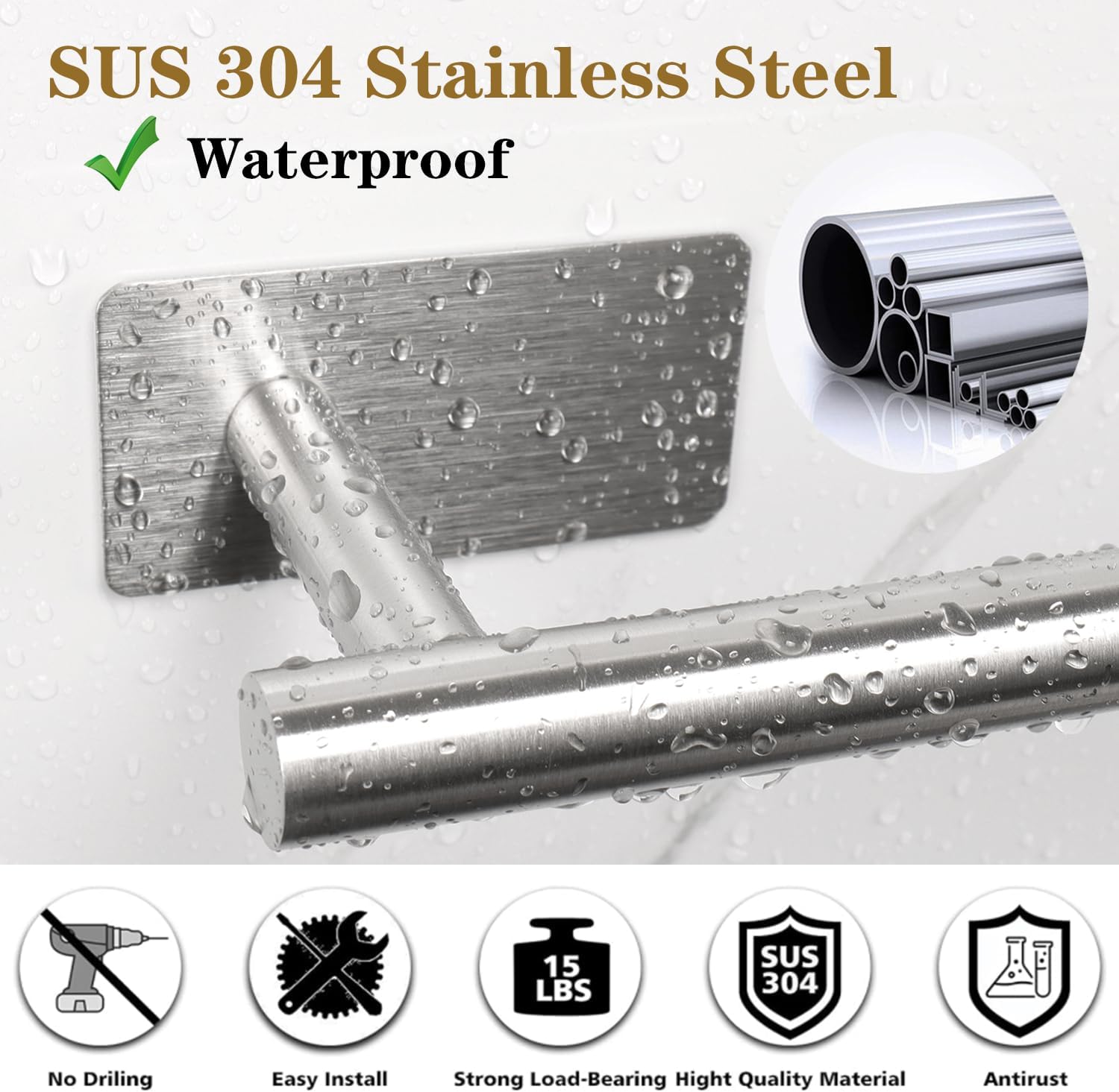 6 PCS Self Adhesive Bathroom Hardware Set, Stainless Steel Towel Rack Set - 16In Bath Towel Bar+Toilet Paper Holder+3 Towel Hooks+Towel Ring No Drill Bathroom Accessory Kit(Brushed Nickel)