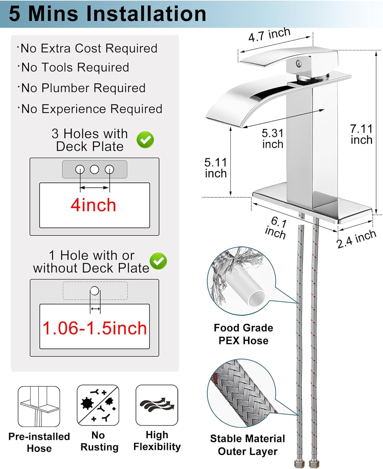 Bathroom Waterfall Faucet, Brass Chrome Bathroom Faucet Single Hole or 3 Hole (4 Inch) Bathroom Faucets Single Handle with Deck Plate & Pop-Up Drain Water Hoses for Apartment 5 Mins Installation