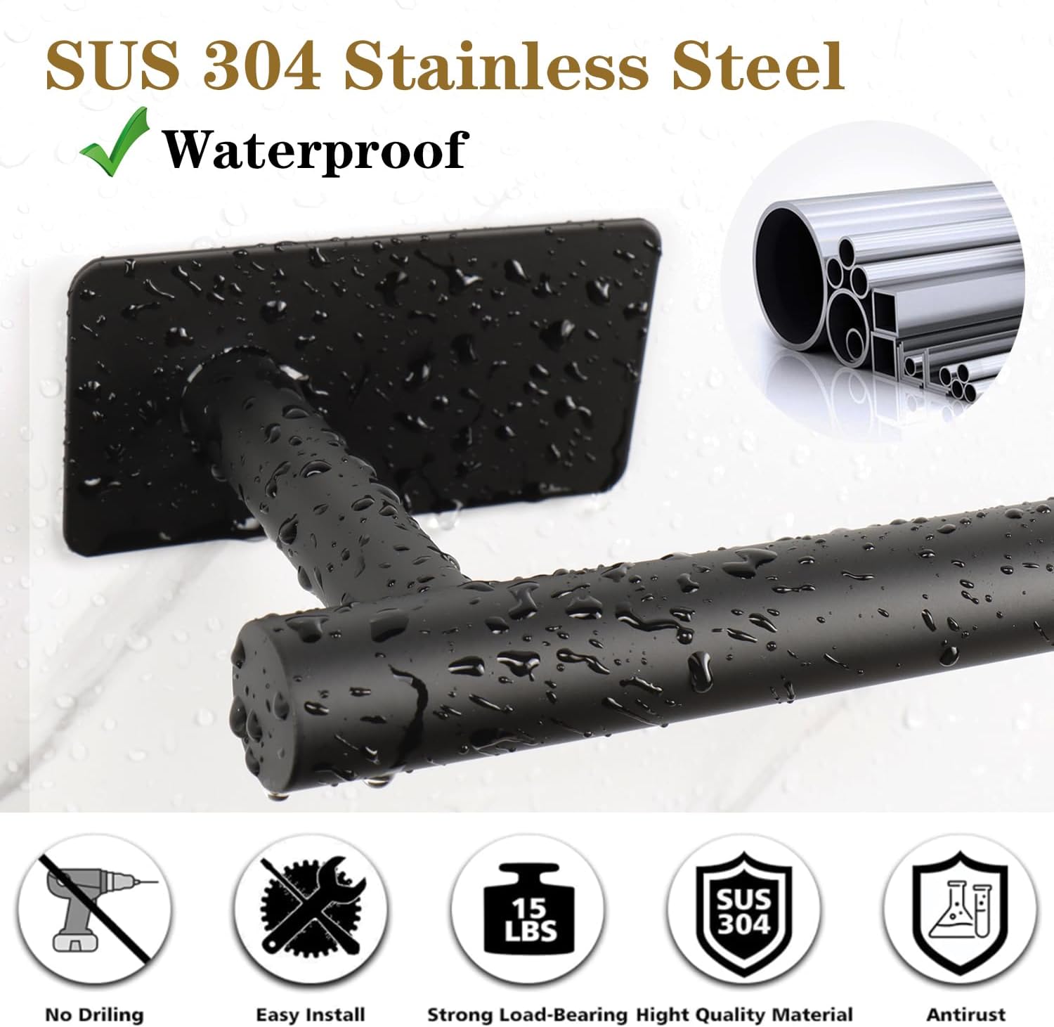 6 PCS Self Adhesive Bathroom Hardware Set, Stainless Steel Towel Rack Set - Adjustable 24In Bath Towel Bar+Toilet Paper Holder+3 Towel Hooks+Towel Ring Bathroom Accessory Kit(Matte Black)