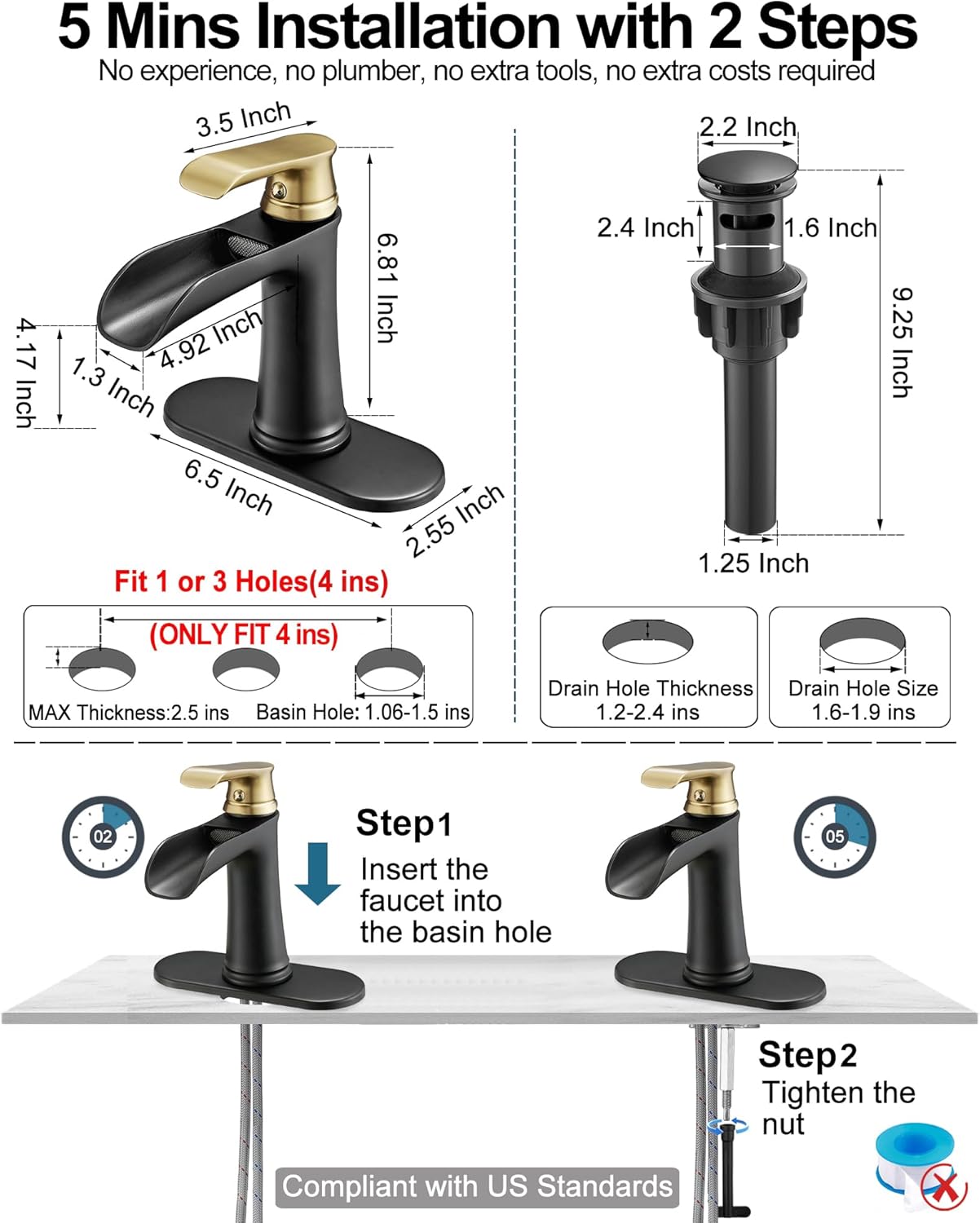 Brass Black and Gold Bathroom Faucet Waterfall, 1 Handle Bathroom Faucets for Sink 1 Hole or 3 Hole (4 Inch) with Drain Supply Hose & Deck Plate