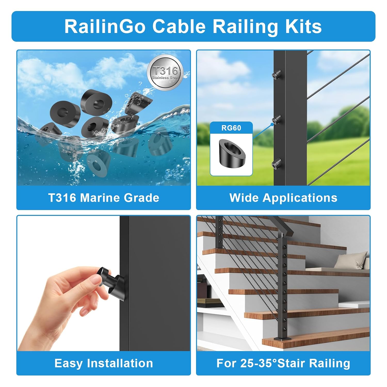 Complete Cable Railing Hardware Kit Bundle - 10 Invisible Tensioners + 20 Angle Washers