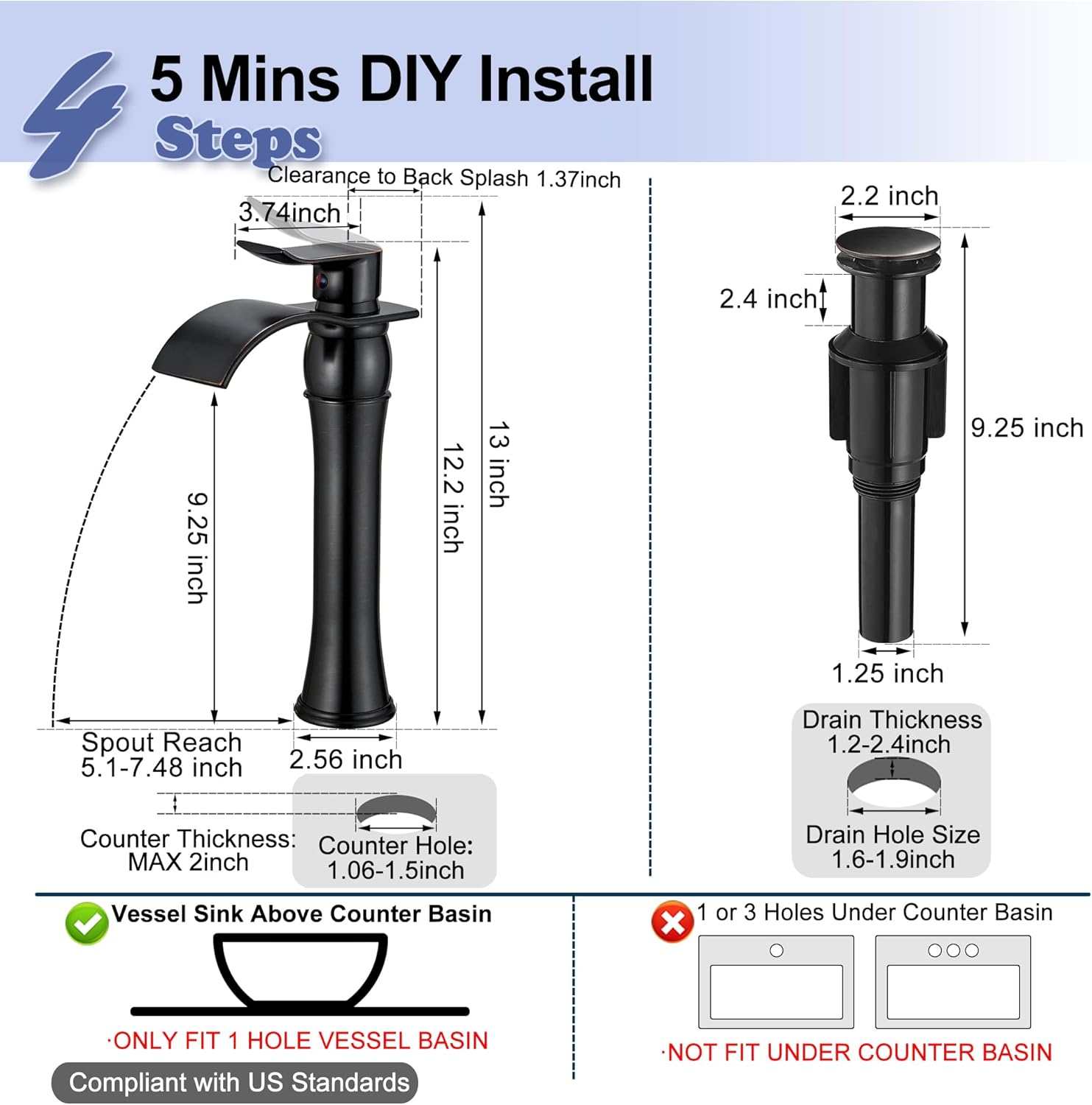 Vessel Sink Faucet Oil Rubbed Bronze, Brass Tall Bathroom Faucet Waterfall 1 Hole, Bathroom Faucets Single Handle Bathroom Sink Faucet Bronze with Pop-Up Drain & Water Hoses for Farmhouse