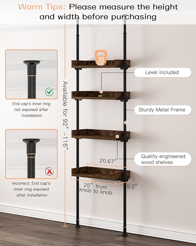 Bathroom Organizer, Over The Toilet Storage, 4-Tier Adjustable Wood Shelves for Small Rooms, Saver Space Rack