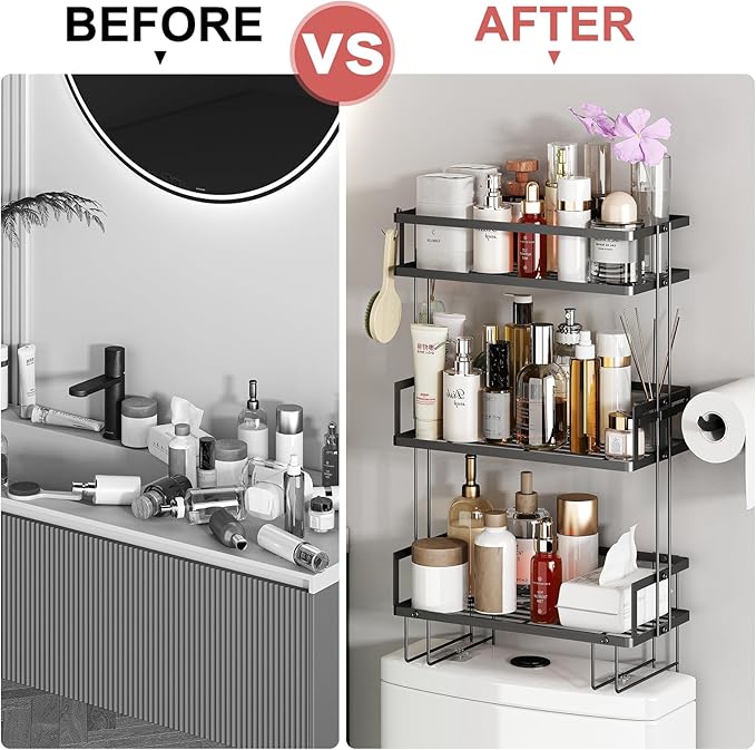 Bathroom Organizers and Storage, 3-Tier Bathroom Shelves, Over Toilet Storage with Paper Holder and 2 Hooks