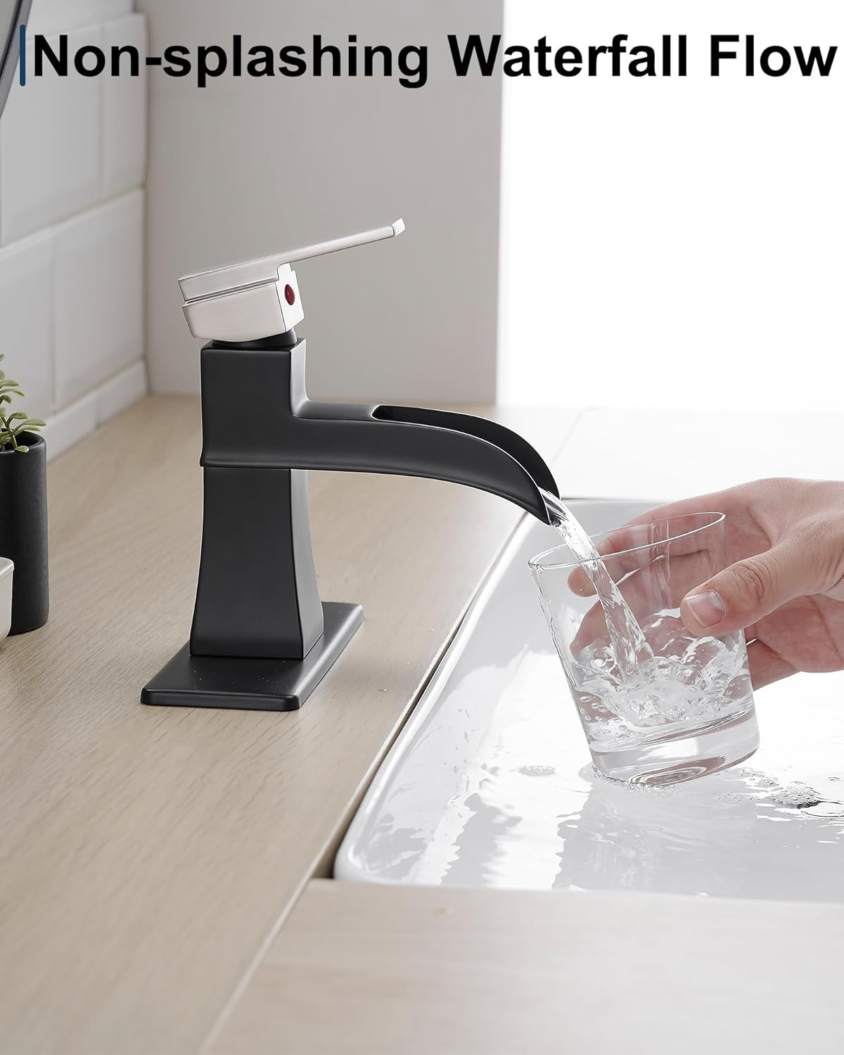 Brass Waterfall Faucet, Nickel and Black Bathroom Faucet, 1 Handle Bathroom Sink Faucets 1 Hole or 3 Hole (4 Inch) with Hoses Drain & Deck Plate