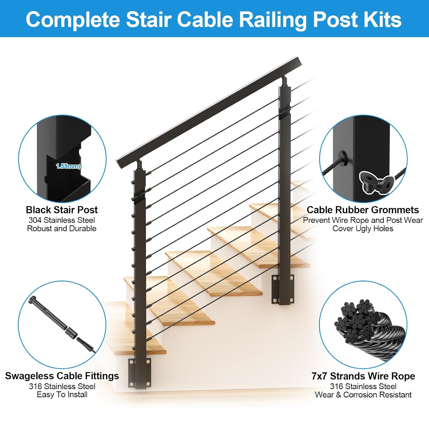 36" Side Mount Stair Railing Post, Stainless Steel Left Side 25-35 Degrees Stair Post