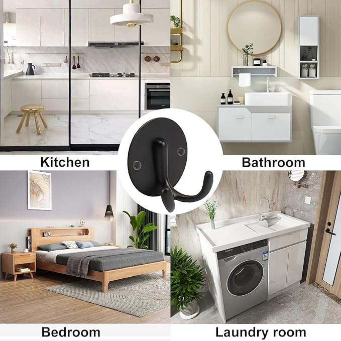 Bath Towel Hooks, 10 Pack Double Strong Coat Hooks, Sturdy Wall Mounted Robe Hook, SUS 304 Stainless Steel Heavy Duty Towel Hanger, Wall Hooks for Bathroom Bedroom Kitchen (3 in, Black)