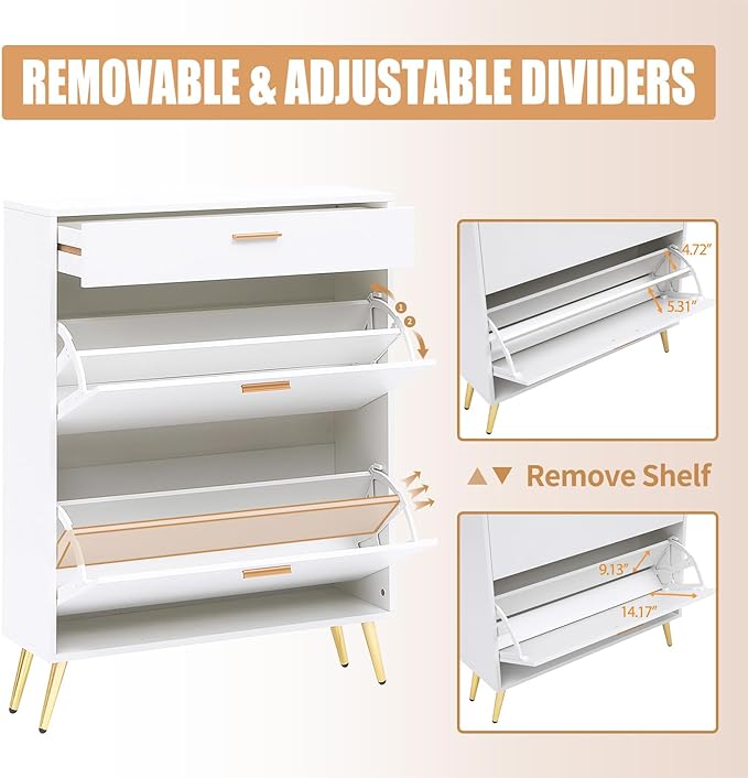 Shoe Cabinet with Metal Legs for Entryway, White Freestanding Storage Rack