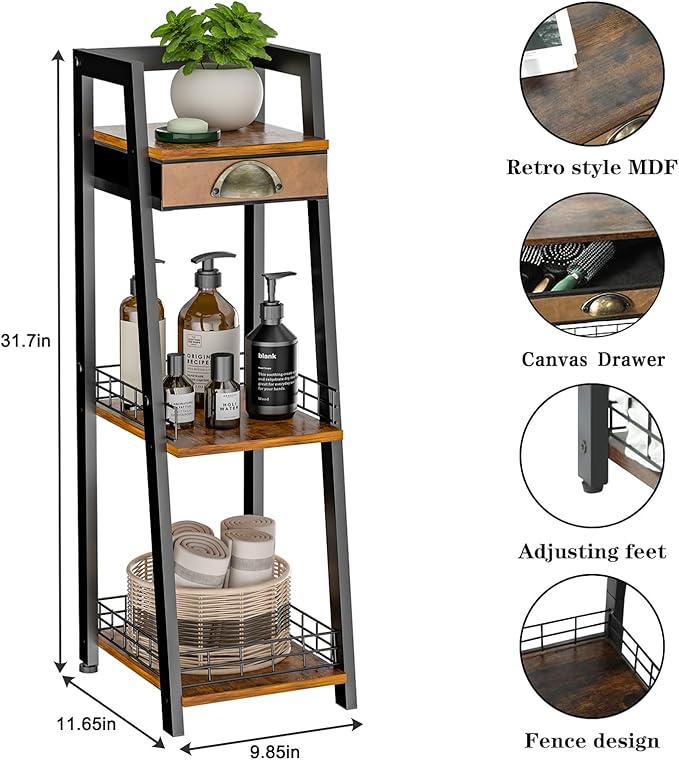3-Tier Slim Bathroom Ladder Shelf, Bathroom Organizers and Storage with Drawer, Open Floor Standing Shelves