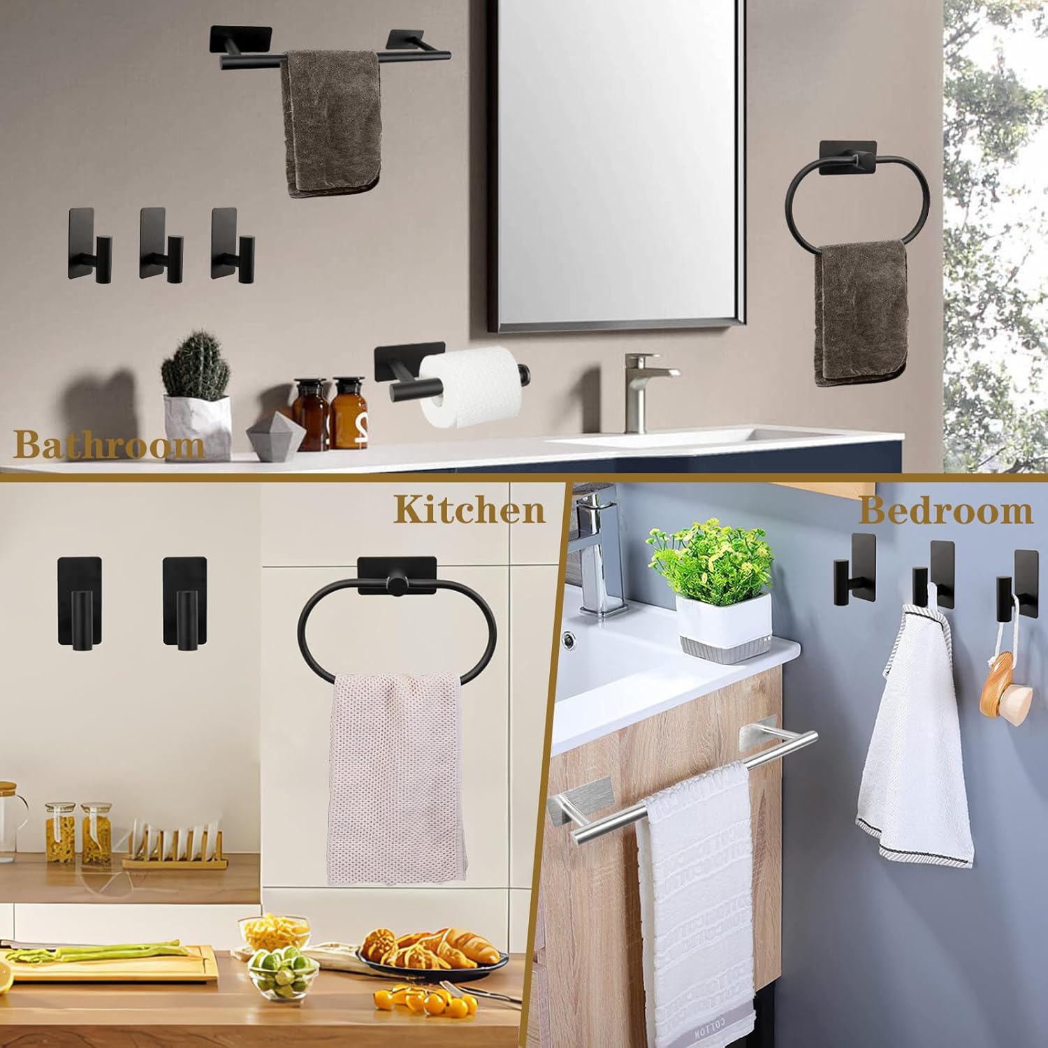 6 PCS Self Adhesive Bathroom Hardware Set, Stainless Steel Towel Rack Set - Adjustable 24In Bath Towel Bar+Toilet Paper Holder+3 Towel Hooks+Towel Ring Bathroom Accessory Kit(Matte Black)